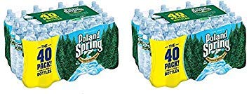 Poland Spring half-pint natural spring water bottles in a 12-pack, featuring clear bottles with blue caps and Poland Spring branding.