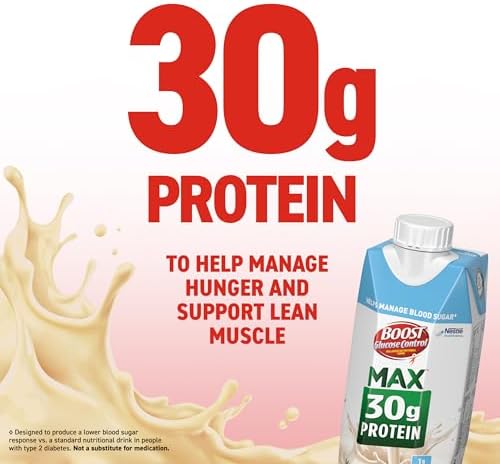 BOOST Glucose Control Max Protein Drink in Very Vanilla flavor, 11 fl oz bottles, pack of 24 with varied packaging.
