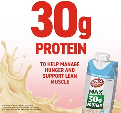 BOOST Glucose Control Max Protein Drink in Very Vanilla flavor, 11 fl oz bottles, pack of 24 with varied packaging.