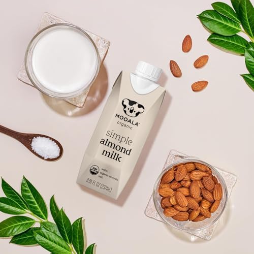 Mooala organic almond milk single serve carton, unsweetened, dairy free, with three ingredients, on the go 12 pack.