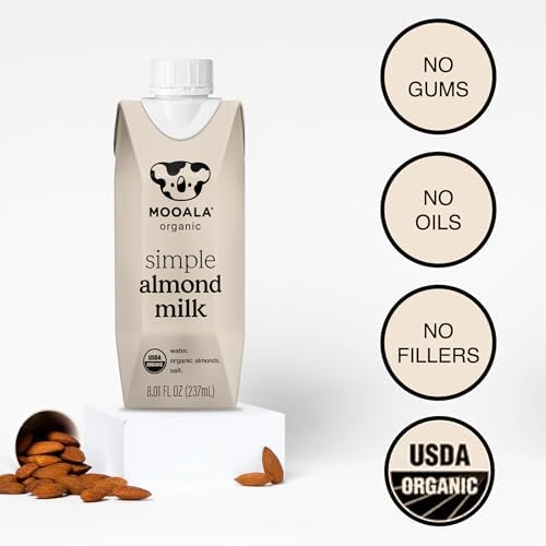 Mooala Organic Simple Almondmilk single serve carton, unsweetened dairy-free almond milk with 3 ingredients, on the go, 12 pack