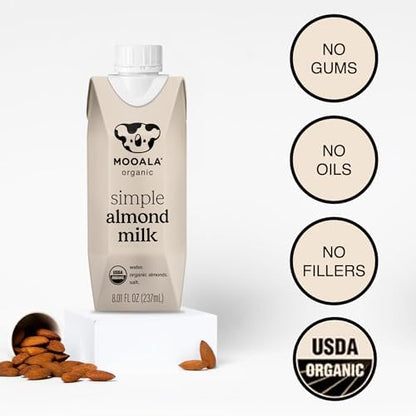 Mooala Organic Simple Almondmilk single serve carton, unsweetened dairy-free almond milk with 3 ingredients, on the go, 12 pack