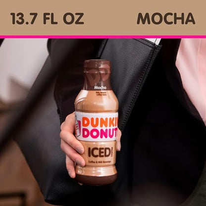 Dunkin' Iced Coffee Mocha in 13.7 oz bottles, pack of 12 showing the mocha-flavored iced coffee bottles with branding.