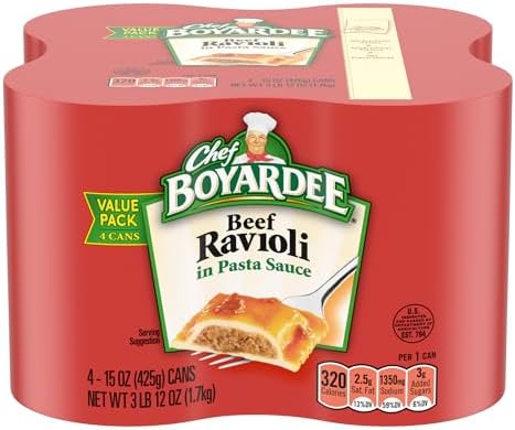 Four 15 oz cans of Chef Boyardee Beef Ravioli in a packaged ravioli set, ready for quick and easy meal preparation.