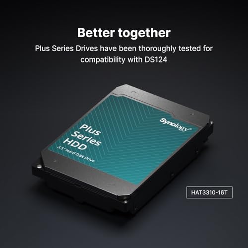 Synology DS124 1-bay diskless NAS for personal backup, file sharing, photo storage, and home surveillance security.
