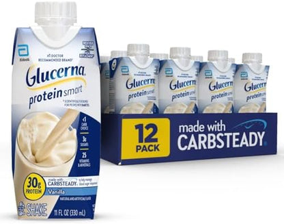 Glucerna Protein Smart Nutrition Shake for diabetes, showing a ready-to-drink chocolate-flavored blood sugar management shake.