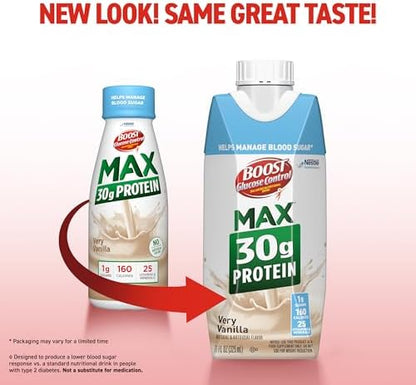 BOOST Glucose Control Max vanilla protein drink, 11 fl oz bottles, pack of 24; nutritional beverage with 30g protein per serving.