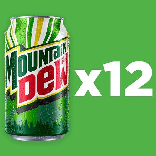 Pack of 12 Mountain Dew soda cans, 12 fl oz each, featuring the green Mountain Dew branding and vibrant design on the cans.