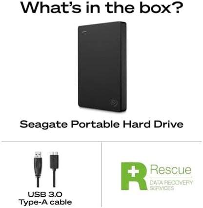 Seagate Portable 4TB external hard drive by BACKUPMYFILESNOW® with USB 3.0 port and compact design for data storage.