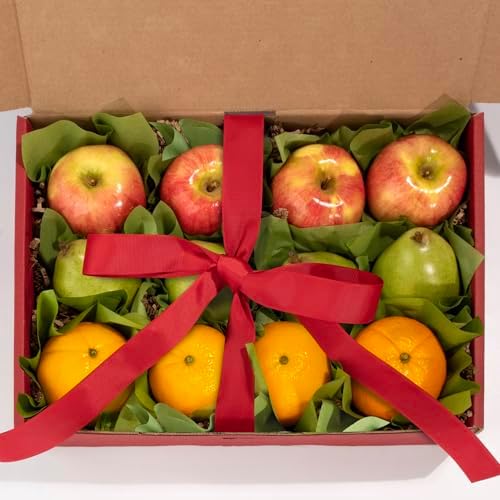 Organic fruit gift box from A Gift Inside with fresh organic pears, honeycrisp apples, and navel oranges arranged in a gift box.