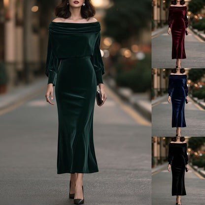 Elegant velvet waist-cinching dress with a fitted silhouette in rich velvet fabric