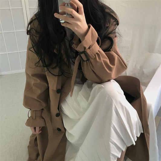 Women's black mid-length double-breasted waist trench coat by My Store