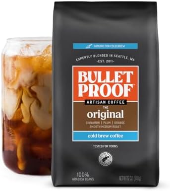 Bulletproof Original Cold Brew Coffee ground medium roast in 12 oz bag, coarse ground for brewing.