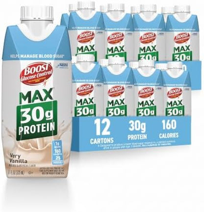 BOOST Glucose Control Max protein drink in Very Vanilla flavor, 11 fl oz bottles, pack of 24, with nutritional drink packaging.