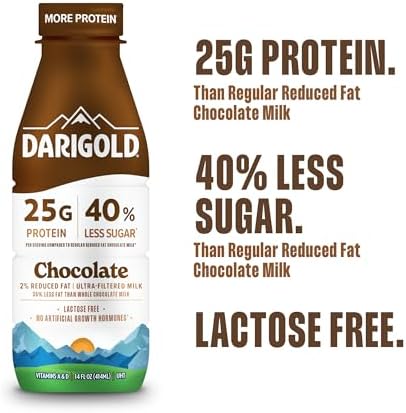 Darigold FIT high protein shelf-stable chocolate milk in 14oz bottle, 12-pack, with chocolate flavor and nutritional label visible.