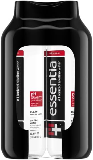 Essentia Water ionized alkaline water 6-pack, 33.8 fl oz bottles showing clear water and branded labels.