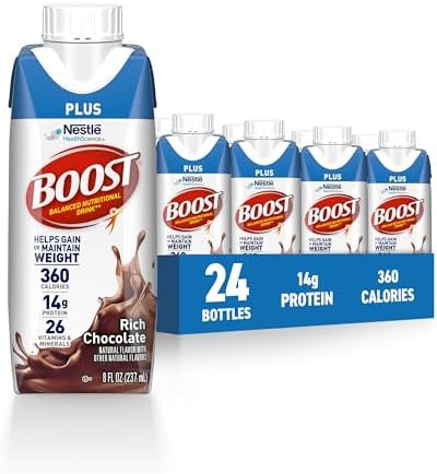 BOOST Plus Rich Chocolate protein drink, ready-to-drink nutritional beverage in a 24-pack, showcasing individual chocolate-flavored bottles.