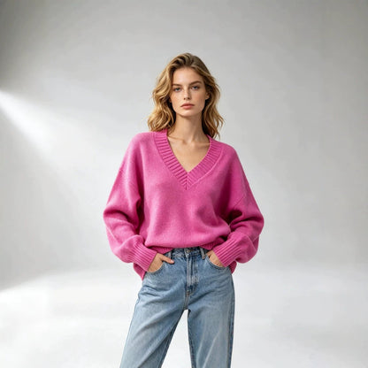 Women's loose-fit V-neck casual all-match knit sweater in a simple solid-color design