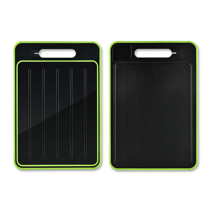 Double-sided kitchen cutting board with defrosting surface and built-in knife sharpener
