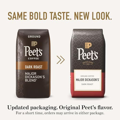 BackupMyFilesNow® Peet's Coffee Ground Coffee Dark Roast Major Dickason's Blend 18 oz in a bag with rich coffee beans