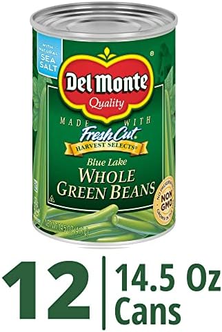 Canned green beans by Del Monte Harvest Selects Blue Lake, 14.5 oz, 12-pack, showing green beans inside the can.