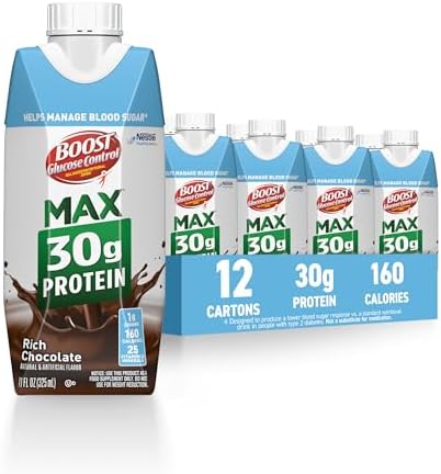 BOOST Glucose Control Max Protein Chocolate Drink in 11 FL OZ bottle, nutritious and flavorful protein beverage.