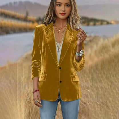 Two-button long-sleeve blazer in a tailored style, front view