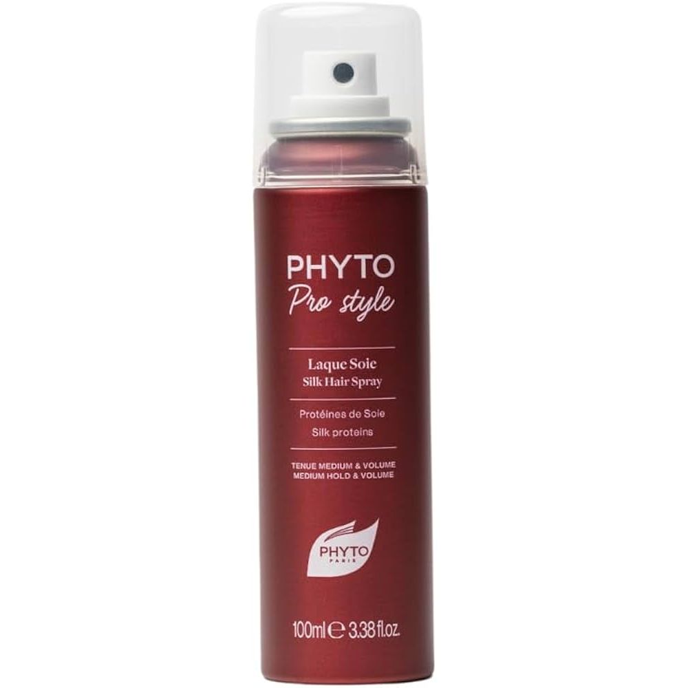 PHYTO PARIS Pro Style Silk Finishing Spray 100ml, a hair styling product in a sleek spray bottle with a black cap and clear branding.