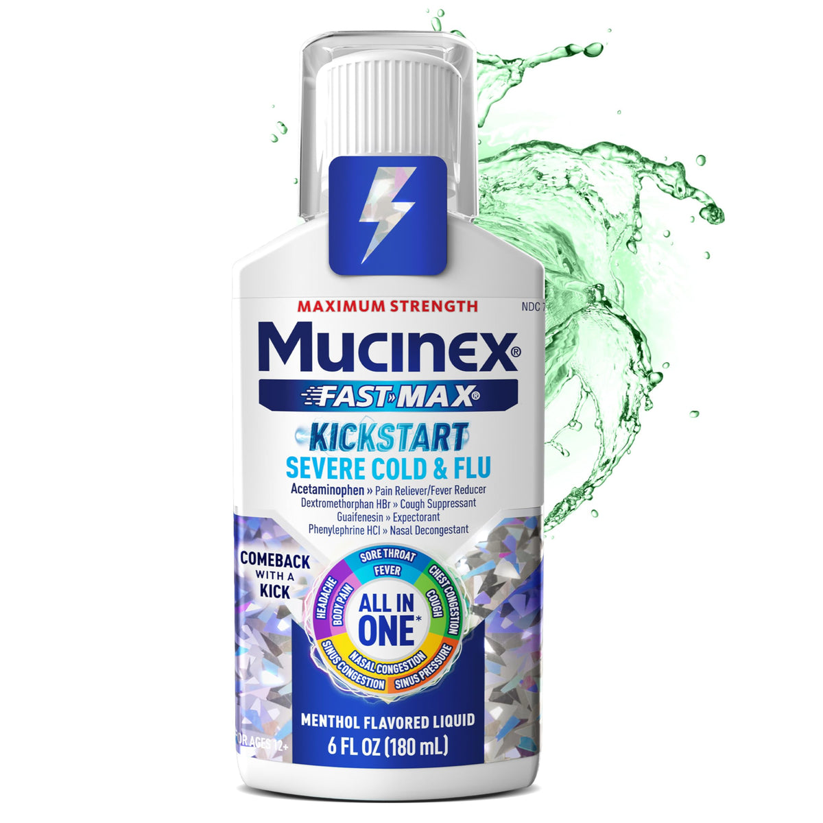 Mucinex Fast-Max Advanced Cold & Flu Relief 6 oz medication bottle with label, designed for effective cold and flu symptom relief.