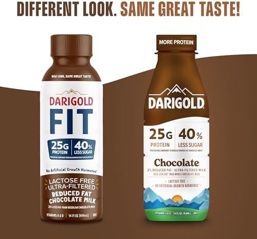 Darigold FIT high protein shelf stable chocolate milk bottle, 14oz, with a chocolate milk label and nutrition information on the packaging.