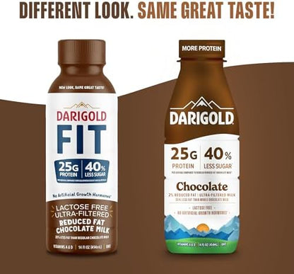 Darigold FIT high protein shelf stable chocolate milk bottle, 14oz, with a chocolate milk label and nutrition information on the packaging.