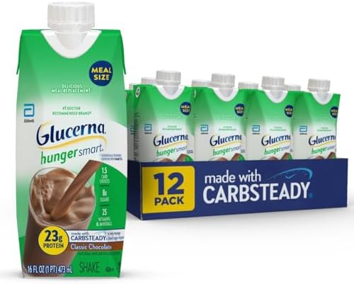 Glucerna Hunger Smart Classic Chocolate diabetic meal replacement shake, 16 fl oz bottle, 12-pack, supports blood sugar management.