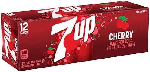 12-pack of Dr Pepper 7UP Cherry Flavored Soda cans, 12 fl oz each, showcasing red cherry soda cans with branding and vibrant design.