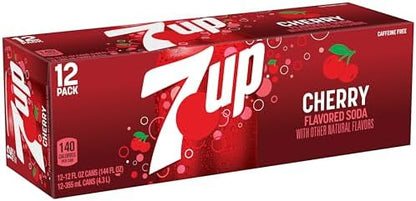 12-pack of Dr Pepper 7UP Cherry Flavored Soda cans, 12 fl oz each, showcasing red cherry soda cans with branding and vibrant design.