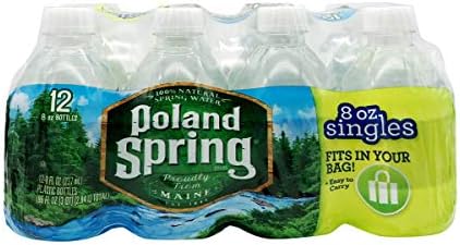 Poland Spring Half Pint Natural Spring Water bottles in a 12-pack, stacked with labels visible, on a white background.