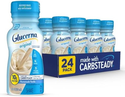 Glucerna Original Diabetes Nutrition Shake bottle, supporting blood sugar management, with a label showing nutritional information.