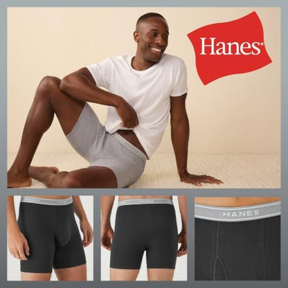 Hanes men's boxer briefs pack with cool, breathable cotton fabric and moisture-wicking technology for comfortable fit.