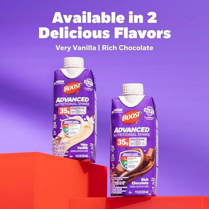 BOOST Advanced Nutritional Protein Shake in chocolate flavor, 12-11 fl oz cartons, showing the ready-to-drink beverage in a glass.