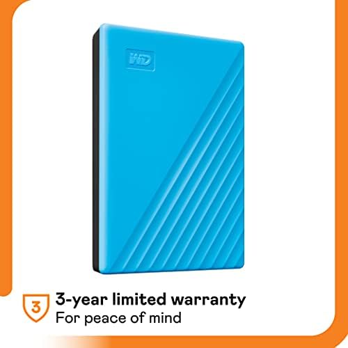 Western Digital 2TB My Passport portable external hard drive in blue with backup software, ransomware protection, and USB 3.1 compatibility