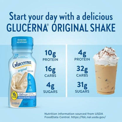 Glucerna Original Diabetes Nutrition Shake bottle, supports blood sugar management, with a label showing nutritional information.