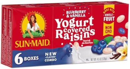 Sun-Maid raisin snack pack bundle with blueberry vanilla yogurt and classic California sun-dried raisins in 1 oz boxes.