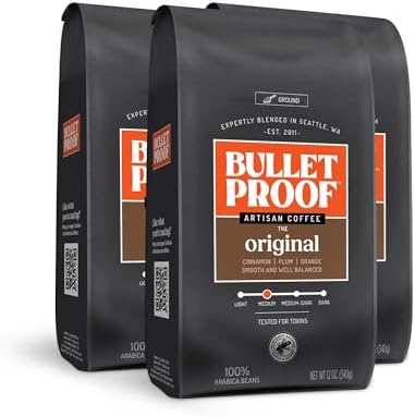 Three 12 oz packages of Bulletproof Original Medium Roast Ground Coffee, showing ground coffee in each bag.