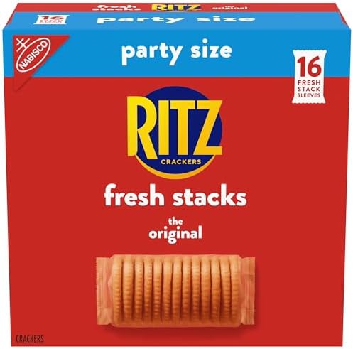Ritz Fresh Stacks Original Snack Crackers in a large party size box with 16 multi-pack snack packs, perfect for sharing.