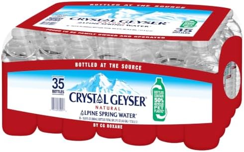 Crystal Geyser bottled spring water in 16.9 fl oz bottles, 35-pack, showing clear water and labeled caps on the bottles.
