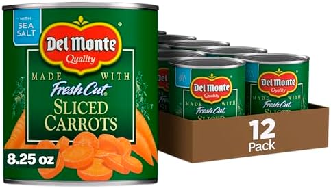 Pack of Del Monte sliced carrots in 8.25-ounce cans, showing bright orange prepackaged carrots ready for use.