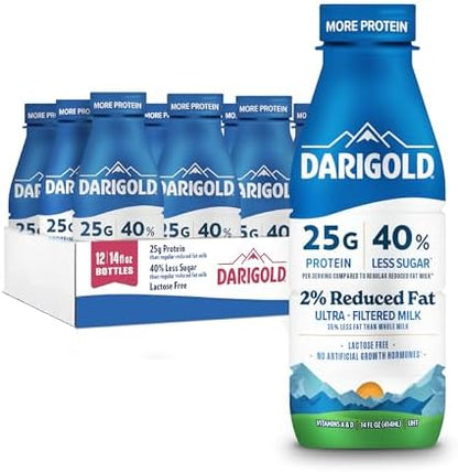 Darigold FIT High Protein Milk 2% in 14oz bottles, low fat, lactose free, 25g protein, 40% less sugar, 12-pack.