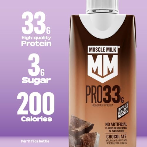 Muscle Milk Pro Liquid High Protein Shake in chocolate flavor, ready-to-drink, 11 fl oz bottle, pack of 12.