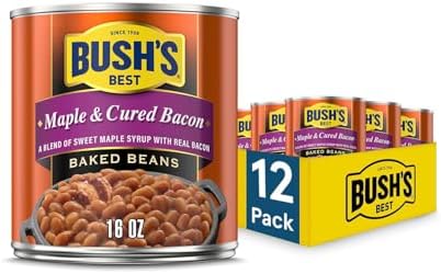 Canned Bush's Best Maple Cured Bacon Baked Beans in 16 oz cans, packaged in a pack of 12, ready for cooking or serving.