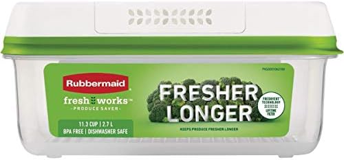 Rubbermaid FreshWorks large short produce storage container in clear plastic, 11.3-cup capacity for fresh fruits and vegetables.