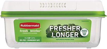 Rubbermaid FreshWorks large short produce storage container in clear plastic, 11.3-cup capacity for fresh fruits and vegetables.
